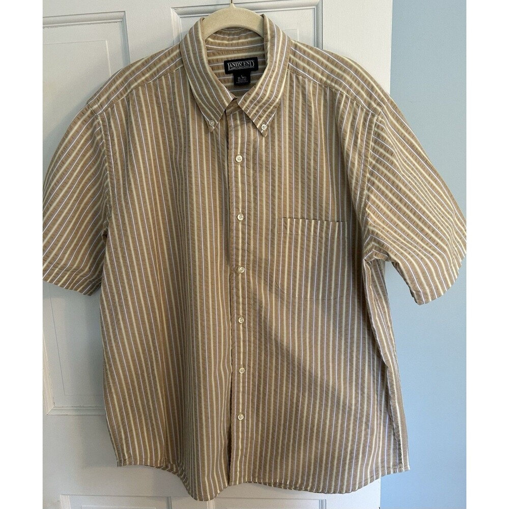 Lands' End Men's  Cotton Seersucker Short Sleeve Button-Down Shirt Beige Size L